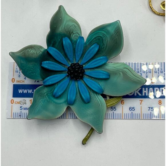 Set of three Floral Flower Mixed Brooch Wearable Lot Jewelry Blue Teal Gold tone - Picture 6 of 10